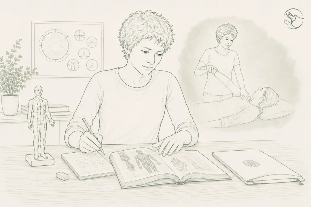 Pentekening van Diana Helbers die kinesiologie bestudeert met een anatomieboek en een spiertest op de achtergrond