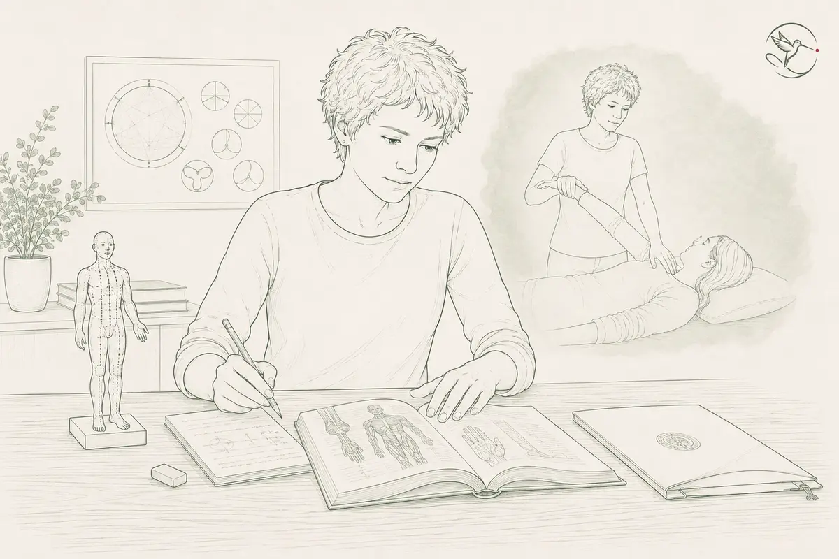 Pentekening van Diana Helbers die kinesiologie bestudeert met een anatomieboek en een spiertest op de achtergrond
