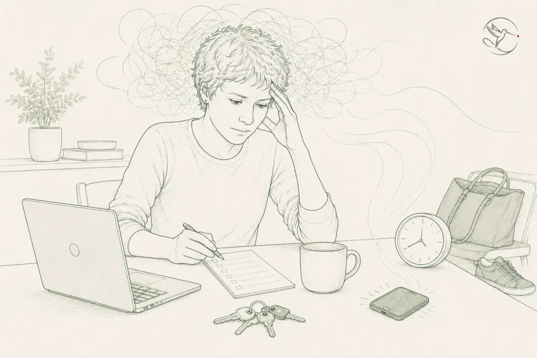 Pentekening van iemand die tussen een laptop, telefoon, klok en takenlijst stress ervaart