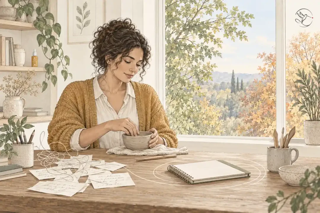 Pentekening van iemand die gedachten ordent en een schaal vormt aan een houten tafel, met het okergele Aarde-flesje op de plank