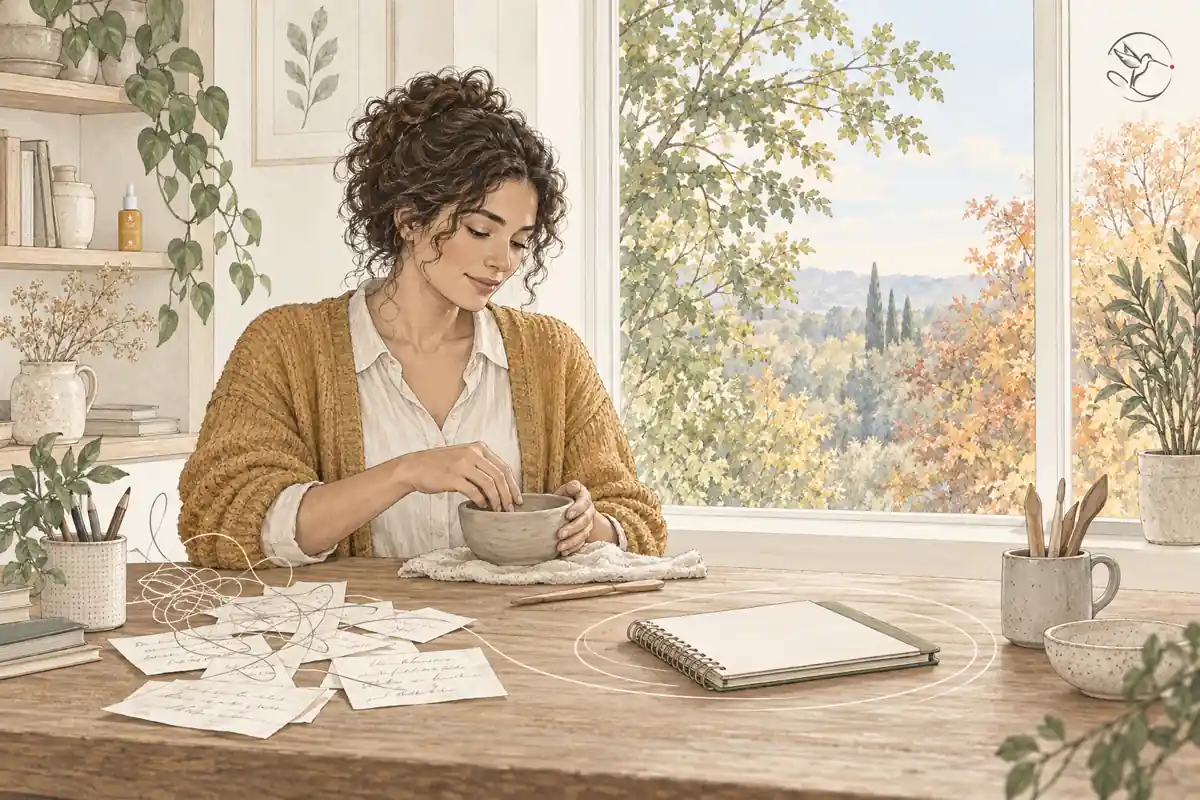 Pentekening van iemand die gedachten ordent en een schaal vormt aan een houten tafel, met het okergele Aarde-flesje op de plank