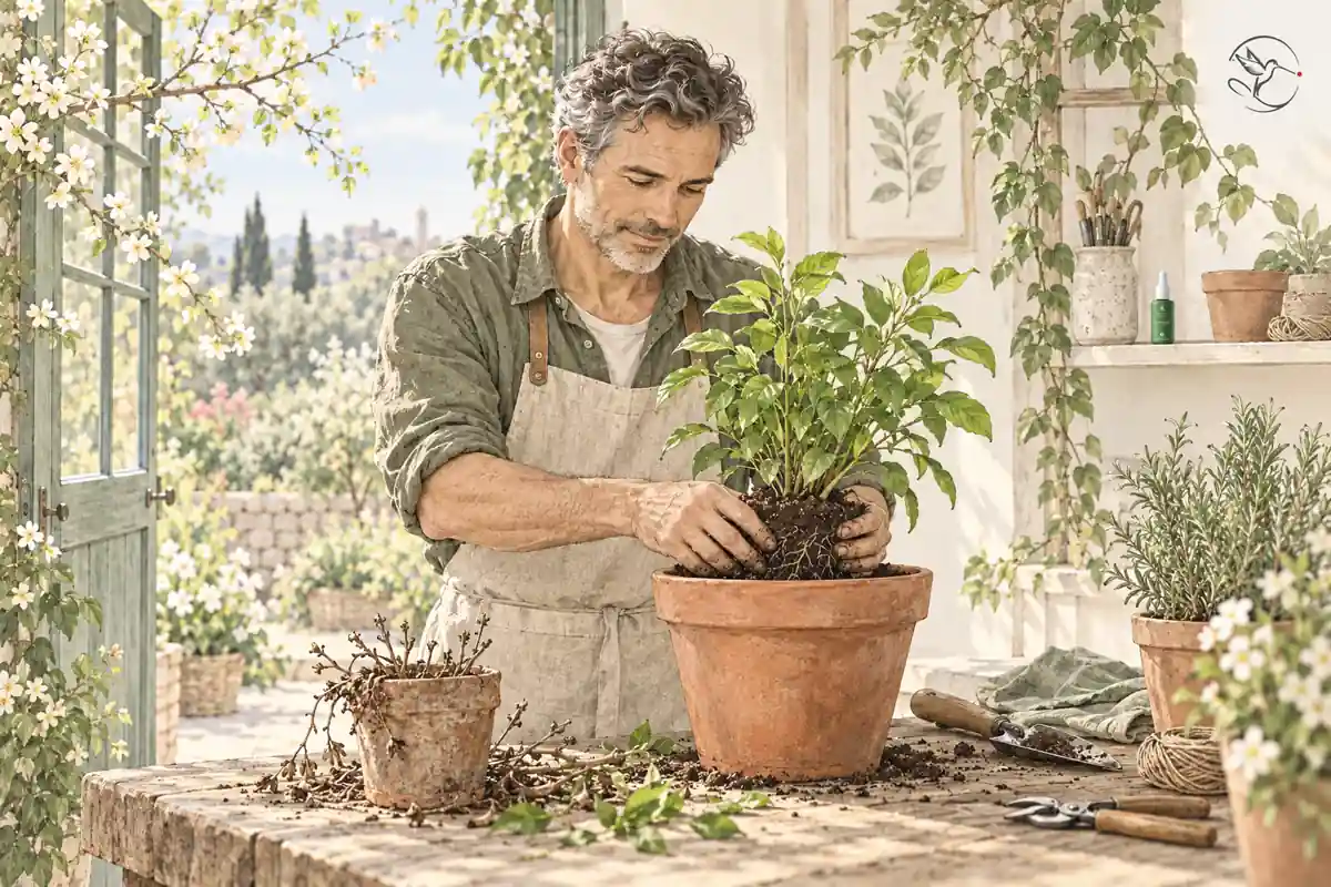 Pentekening van een man die in het voorjaar een groene plant verpot als symbool voor verandering en nieuwe groei