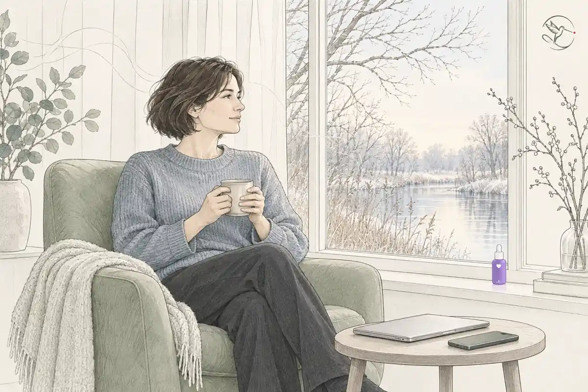 Pentekening van iemand die zich met een warme mok terugtrekt in een groene stoel bij een winters raam, met het paarse Water-flesje op de vensterbank