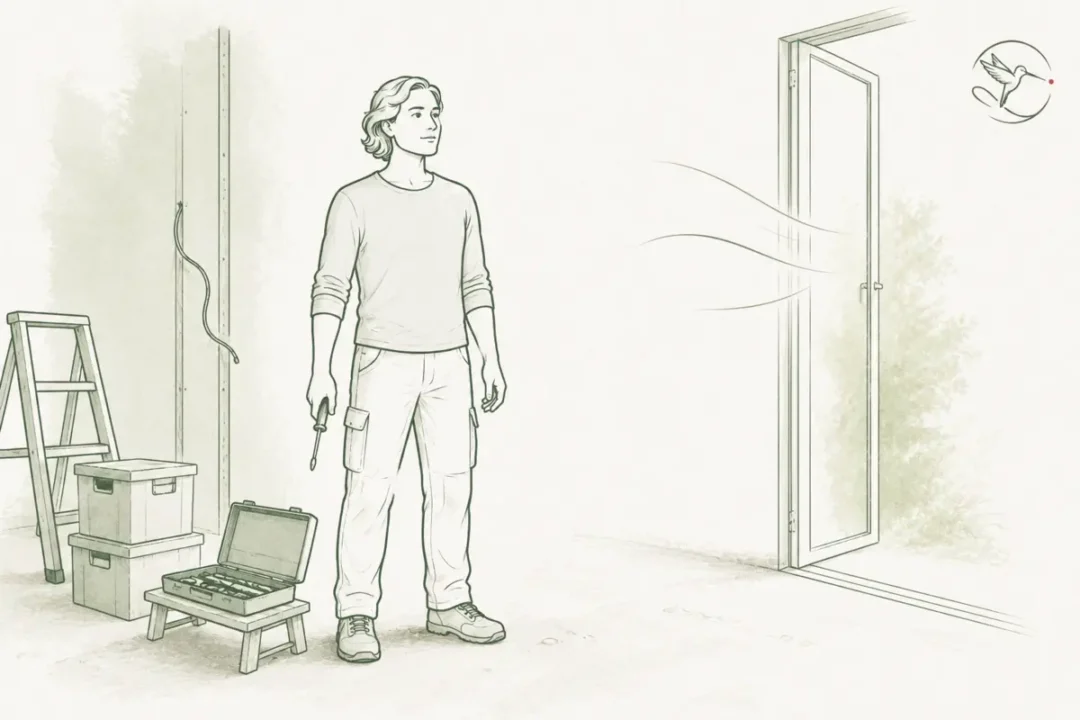 Lijntekening van een installateur die tijdens het klussen